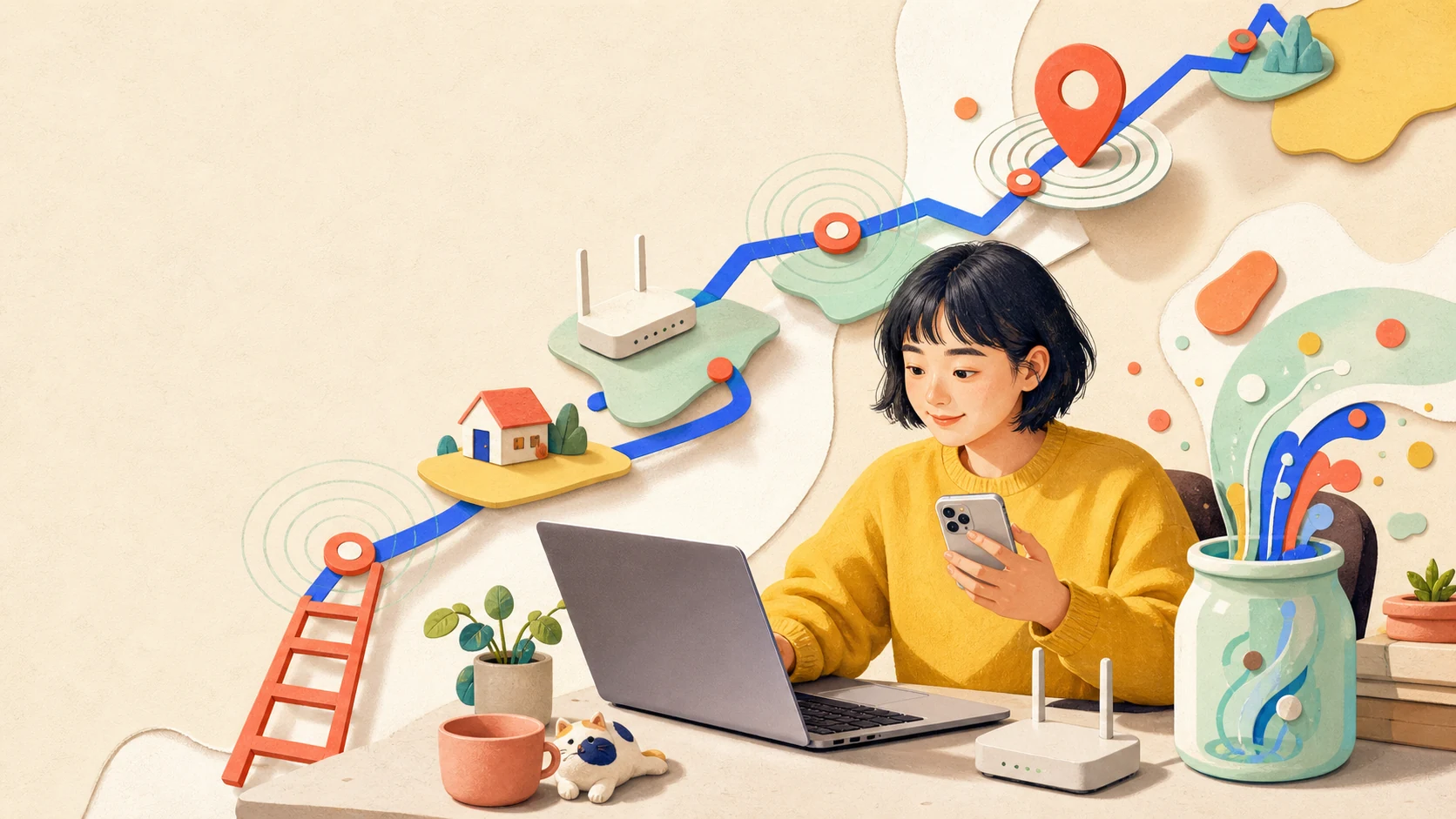 电脑、手机、路由器与线路节点组成的纸艺插画